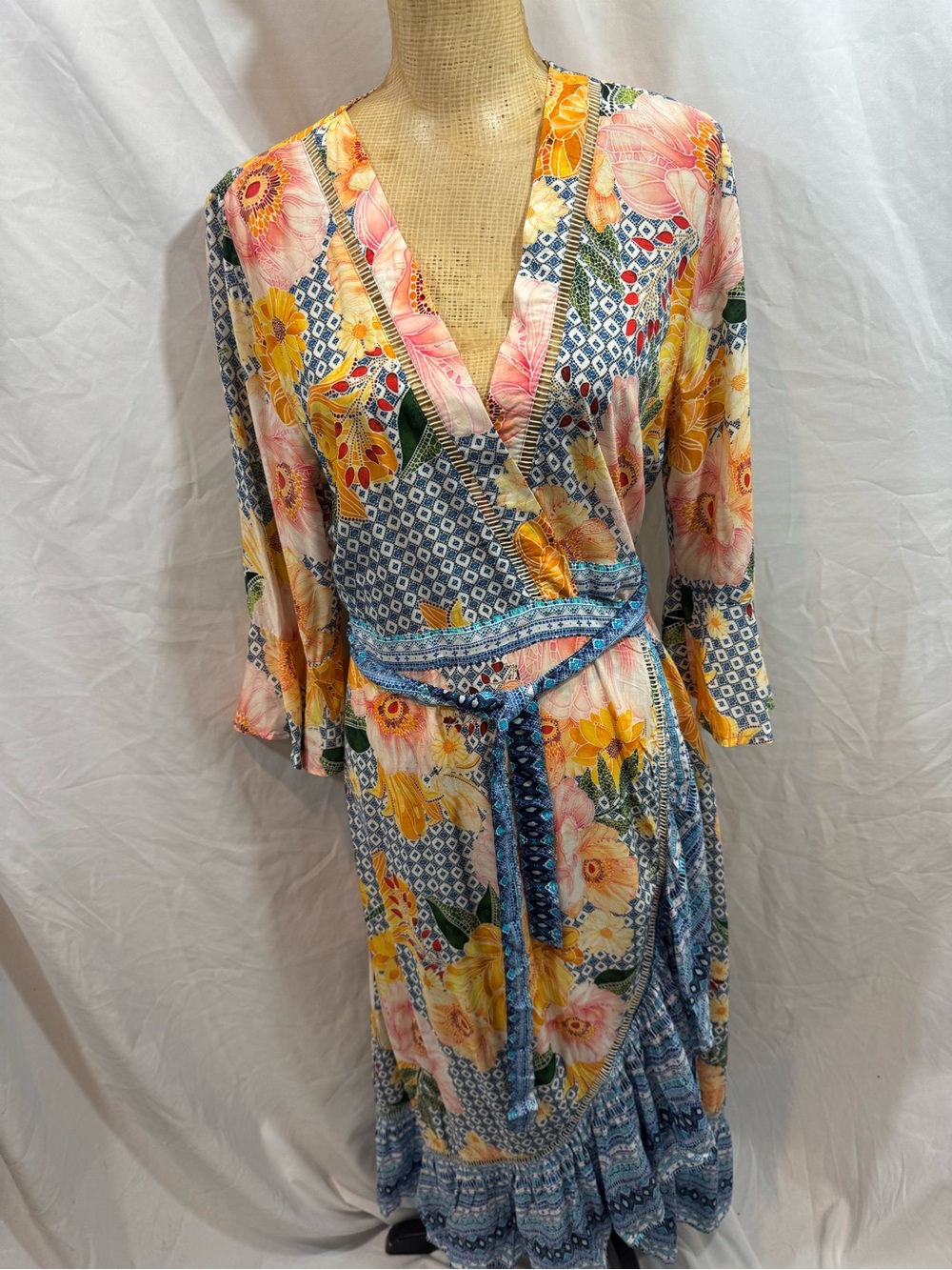 Anthropologie Blue, Pink & Yellow Floral Wrap dress M/Petite